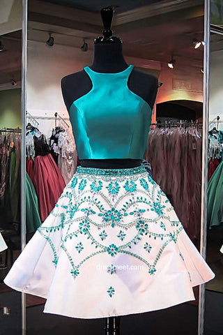 Cute A-Line Two Piece Turquoise Short Homecoming Dresses with Beading OKD41