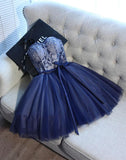 Cute Navy Blue Sweetheart Tulle Beading Appliques Short Homecoming Dress OKD45