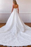 Elegant Lace Appliques Long Strapless Satin Off White Wedding Dress with Pockets OKY65