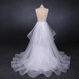 A Line V Neck Layered Backless Wedding Dresses, Long Bridal Gown OKQ23