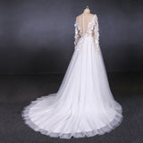 A Line Tulle Lace Appliques Long Sleeves Wedding Dresses, Cheap Bridal Dresses OKQ28