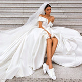 Off the Shoulder White Ball Gown Simple Wedding Dresses, Satin Bridal Gown OKQ20