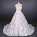 A Line Strapless Lace Appliques Wedding Dresses, Cheap Bridal Dresses OKQ16