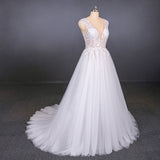 Stunning A Line V Neck Tulle Lace Appliques Wedding Dress, Bridal Dress OKQ12