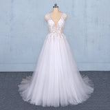 Stunning A Line V Neck Tulle Lace Appliques Wedding Dress  Bridal Dress OKQ12