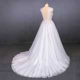 Stunning A Line V Neck Tulle Lace Appliques Wedding Dress  Bridal Dress OKQ12