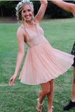 Charming V-Neck A Line Blush Chiffon Straps Homecoming Dresses OKD47