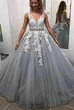 A Line V Neck Tulle Lace Appliques Long Prom Dress Formal Evening Dress School Party Gown OK1019