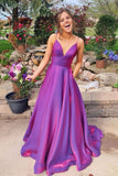 Simple Purple Red Satin Spaghetti Straps A-line Long Prom Dress With Pockets OKX62