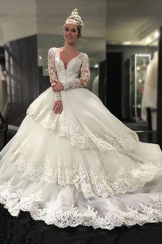 Luxurious Lace Long Sleeves V-neck Layers  Ball Gowns Wedding Dresses OKH79