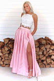 Two Pieces A-line Pink Lace Top Slit Prom Dress With Pockets OKT69