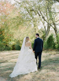 Stunning Sweetheart Lace Ruffles Layered Tulle Long A Line Wedding Dress OK1052