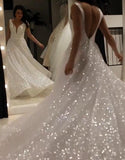 A-Line V-neck Sparkly Wedding Dress Sequin Backless Prom Bridal Dress OK1206