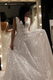 A-Line V-neck Sparkly Wedding Dress Sequin Backless Prom Bridal Dress OK1206