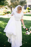 Lace A-Line Beading Ivory Half Sleeve Chiffon Long Wedding Dresses OK597