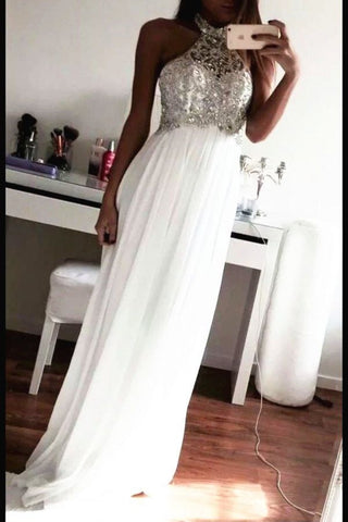 White Beading Halter Long Chiffon A-line Open Back Prom Dress K727