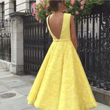 Yellow Lace A Line Deep V Neck Prom Dresses,Homecoming Dresses OK977