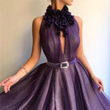 Purple Long A-line Split Cheap Prom Dress With Flowers OKH56