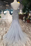 New Arrival Sequins Bodice Prom Dress Tulle Mermaid Sweep Train OKK11