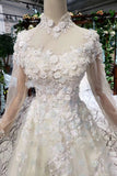 Prom Dress Tulle High Neck Long Sleeves Handmade Flowers OKK12