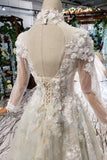 Prom Dress Tulle High Neck Long Sleeves Handmade Flowers OKK12