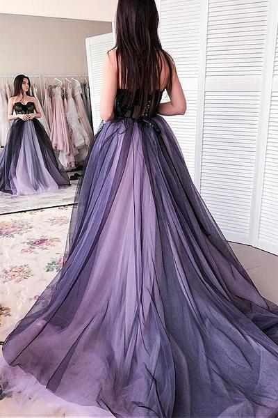 New Arrival Sweetheart Long Tulle Sleeveless Lilac Black Prom Dresses with Appliques OKH42