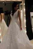 A-Line V-neck Sparkly Wedding Dress Sequin Backless Prom Bridal Dress OK1206