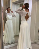 Simple Long Sleeve Wedding Dress A-line Open Back Custom Made Women Chiffon Bridal Gowns OKV53