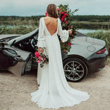 Deep V Neck A-line Long Sleeves Wedding Dress With Slit V Back Long Bridal Gowns OKX86