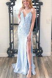 Elegant Mermaid Light Blue Sequins Long Prom Dress with Floral Appliques OK1333