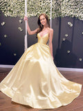 A-line Spaghetti Straps Cross Back Daffodil Satin Long Prom Dress with Train Party Dress with Pockets OKT60