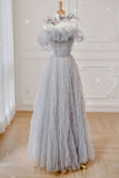 A Line Off the Shoulder Gray Tulle Long Prom Dress Formal Evening Dress OK1176