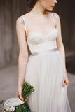 Spaghetti Straps Backless Grey Tulle Long Wedding Dress With Lace Applique OK531