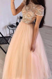 Pink Tulle Beads Long Prom Dresses A Line Formal Evening Dress OKP61