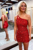 Unique Hot Pink Sequins One Shoulder Tight Mini Homecoming Dress OK1538