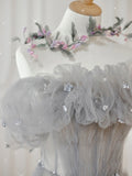 A Line Off the Shoulder Gray Tulle Long Prom Dress Formal Evening Dress OK1176