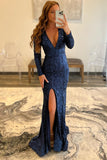 Navy Blue V-neck Mermaid Long Sleeves Sequin Prom Dress OK1316