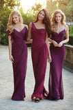 Burgundy Sheath Rushed Chiffon Long Bridesmaid Dresses Bridesmaid Gowns OK1838