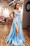 Strapless Satin Light Blue Slit A Line Simple Prom Dress With Pocktets OKP86