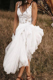 Ivory V Neck Tulle Backless Bridal Dress A Line Wedding Dress With Lace Appliques OK1092