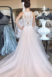 Pearl Pink Tulle A Line Lace Top Long Sleeveless Prom Dress OKQ2