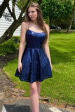 Dark Blue Sequins Spaghetti Straps A-Line Short Homecoming Dress OK1494