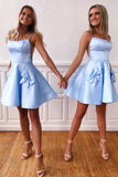 Simple Blue Satin Short Prom Dresses, Spaghetti Straps Homecoming Dress OKP36