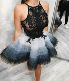 Cute Tulle Lace Short Prom Dresses, Black Top Homecoming Dress OKP53