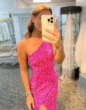 Mermaid Glitter One Shoulder Open Back Prom Dress With Slit Sequins Evening Dress OK1362