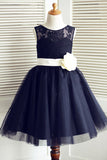 A-Line Round Neck Knee-Length Navy Blue Flower Girl Dresses with Bowknot Flower OKP20