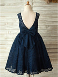 A-Line Round Neck Backless Navy Blue Lace Flower Girl Dresses with Bowknot OKP17