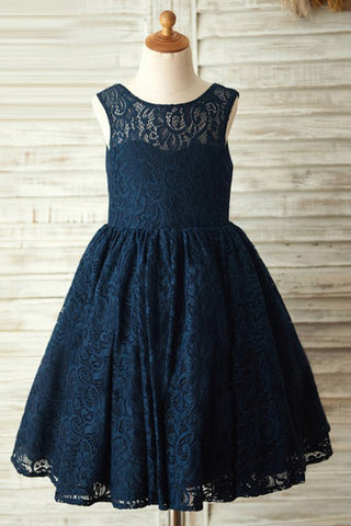 A-Line Round Neck Backless Navy Blue Lace Flower Girl Dresses with Bowknot OKP17