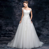 A Line Off the Shoulder Appliques Tulle Long Wedding Dresses, Bridal Dresses OKQ26