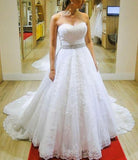 Sweetheart Strapless A Line Beading Belt Lace Wedding Dresses Bridal Gown OKE22